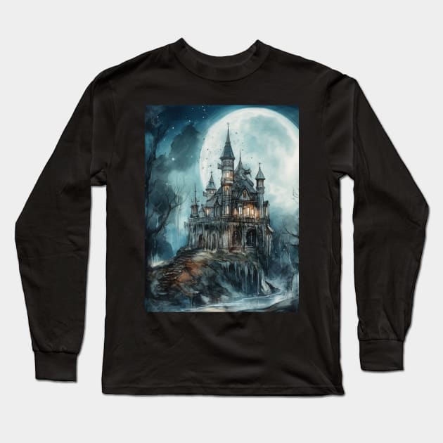 Gothic Futurism Castle in the Old Ancient Forest Long Sleeve T-Shirt by podartist